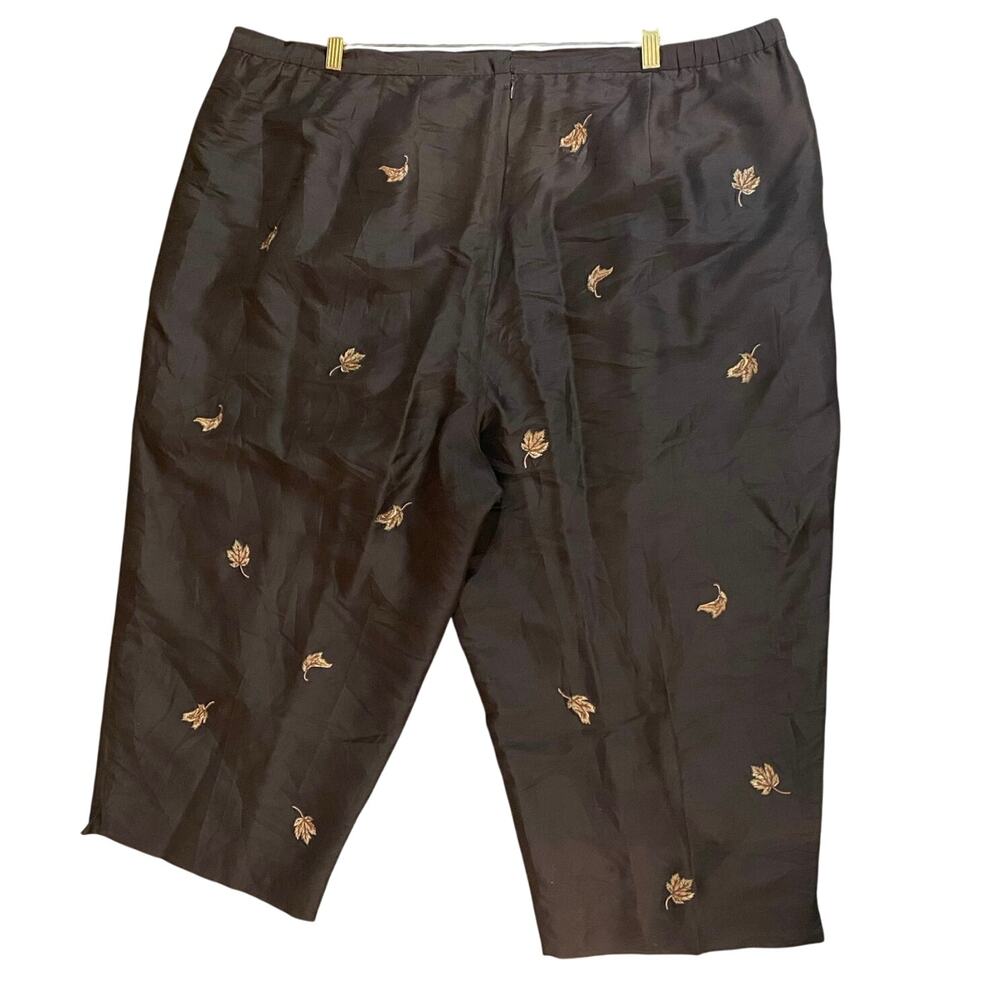 100% Silk Embroidered Leaf Pants Brown Autumn Fall Trousers Women’s 24W lined